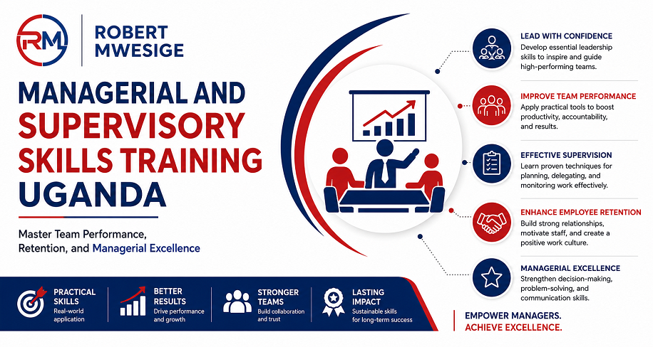 Managerial And Supervisory Training Programs in Uganda Build Core Leadership Capabilities Through Essential Focus Areas Like Core Transition Skills, Performance Management, And Communication Techniques. Master Team Performance, Retention, and Managerial Excellence Kampala, Jinja, Mukono, and Entebbe.