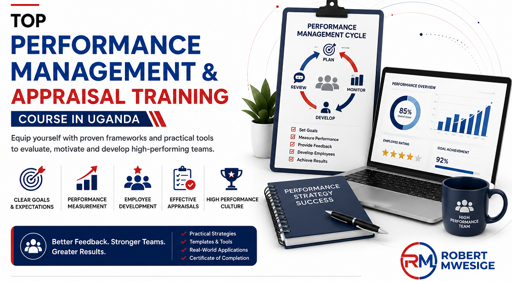 Performance management training in Uganda equips HR professionals and managers with skills to align employee outputs with organizational goals. It covers SMART objective setting, KPI tracking, continuous coaching, and appraisal techniques (like 360-degree reviews). This training is vital for driving productivity, reducing biases, and meeting civil service reform goals