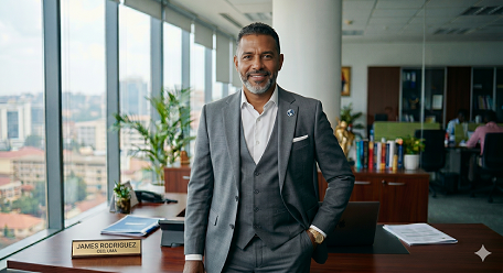 Professional portrait of James Rodriguez, featured next to his testimonial praising Robert Mwesige's advisory on management, people strategy, and modern HR systems.
