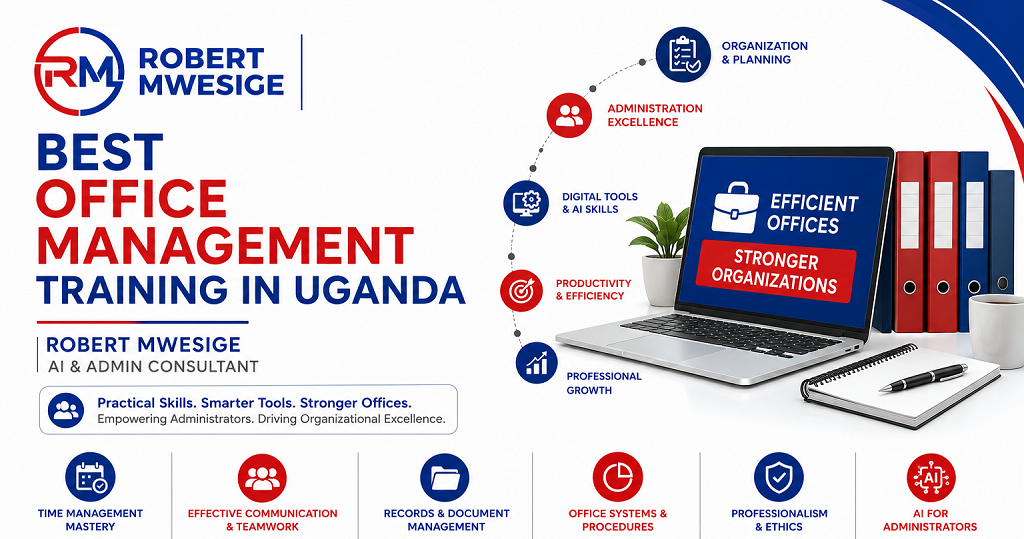 Accelerate corporate performance with the premier office management training in Uganda led by Robert Mwesige. Master executive support, administrative professional courses in Kampala, electronic records keeping, and agentic AI integration for administrative roles.