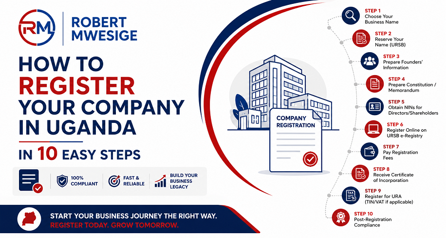 Master company registration in Uganda with our definitive step-by-step guide. Learn URSB e-Registry Portal filing, URA TIN setup, KCCA licensing, NSSF compliance, and post-incorporation statutory requirements.