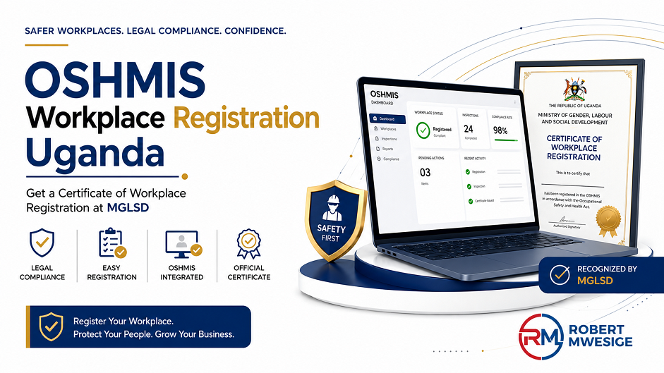 Secure your MGLSD OSH Workplace Registration Certificate in Uganda via the OSHMIS portal. OSH Act, No. 9 of 2006, Section 40(1): Register of Workplaces. Section 40(2): Workplace Registration Application. Section 41(1): Certificate Issuance. Section 41(2): Three-Year Validity & Renewal. Section 41(5): Penalties for Unregistered Workplaces.
