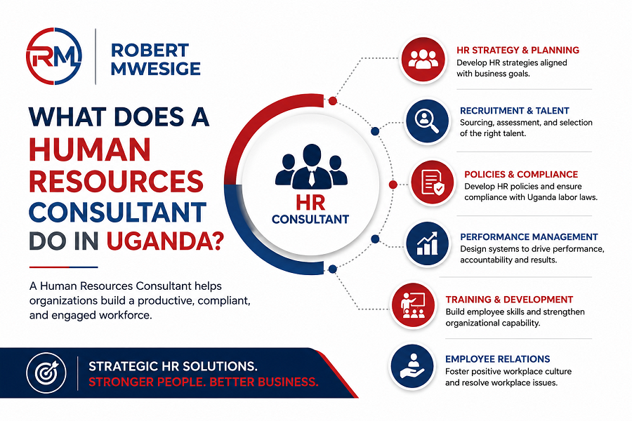 An HR (Human Resources) Consultant in Uganda Is an External Expert Who Advises Businesses on People-Related Strategies, Legal Compliance, And Daily Workforce Operations. They Help Companies Improve Hiring, Address Workplace Problems, and Set up Pay and Benefits Plans.