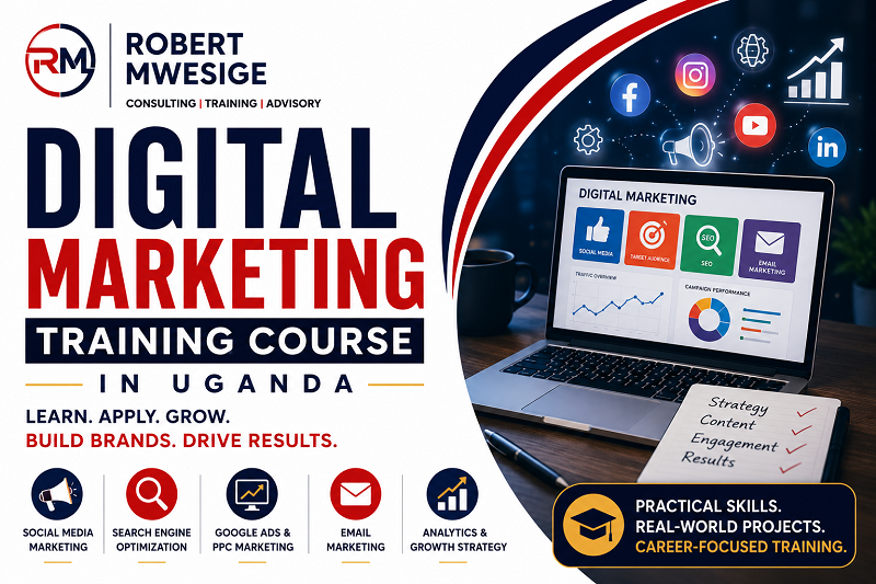 Digital Marketing Training in Uganda is a Course That Teaches Professionals How to Promote Products and Services Using Online Channels Like Search Engines, Social Media, And Email. It Covers Search Engine Optimization (SEO), Social Media Marketing, Paid Advertising, Websites, and Content Marketing.