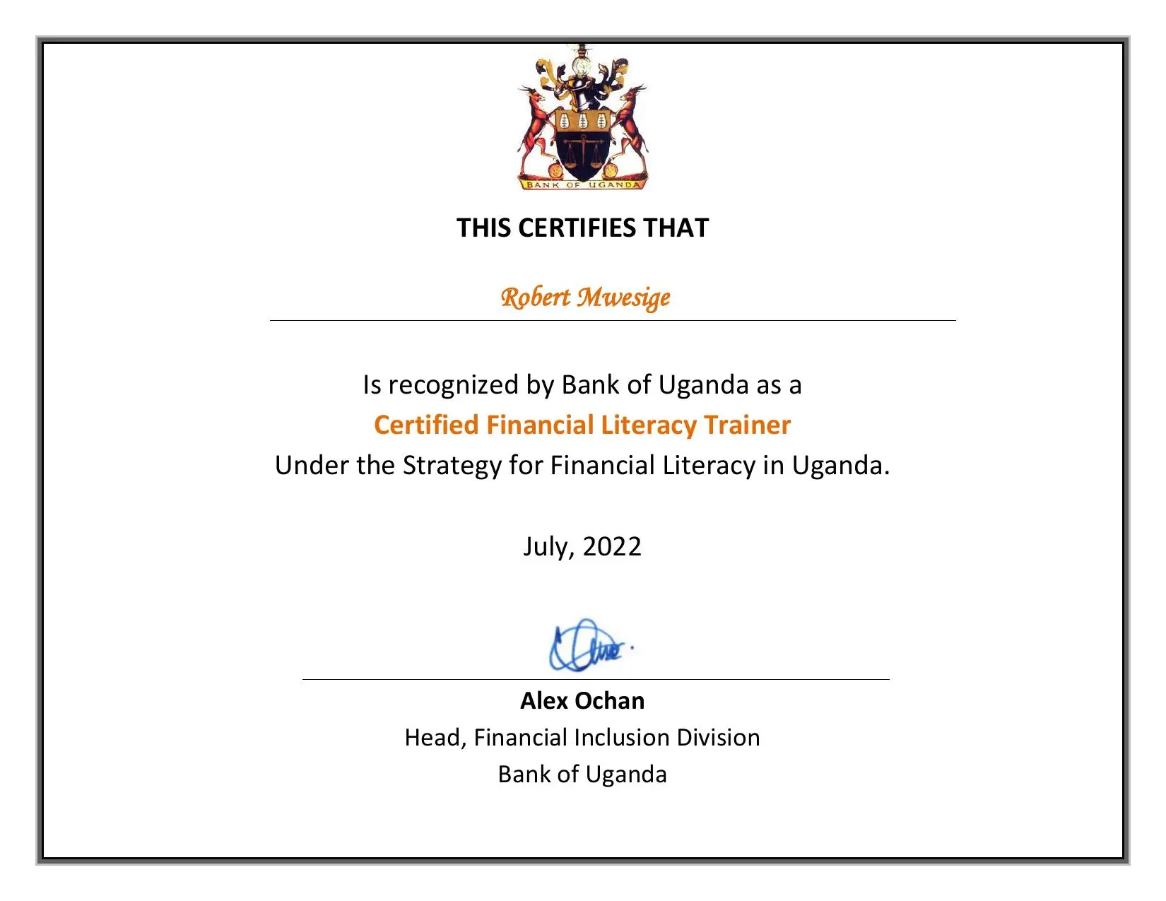 Bank of Uganda Certified Financial Literacy Trainer certificate awarded to Robert Mwesige
